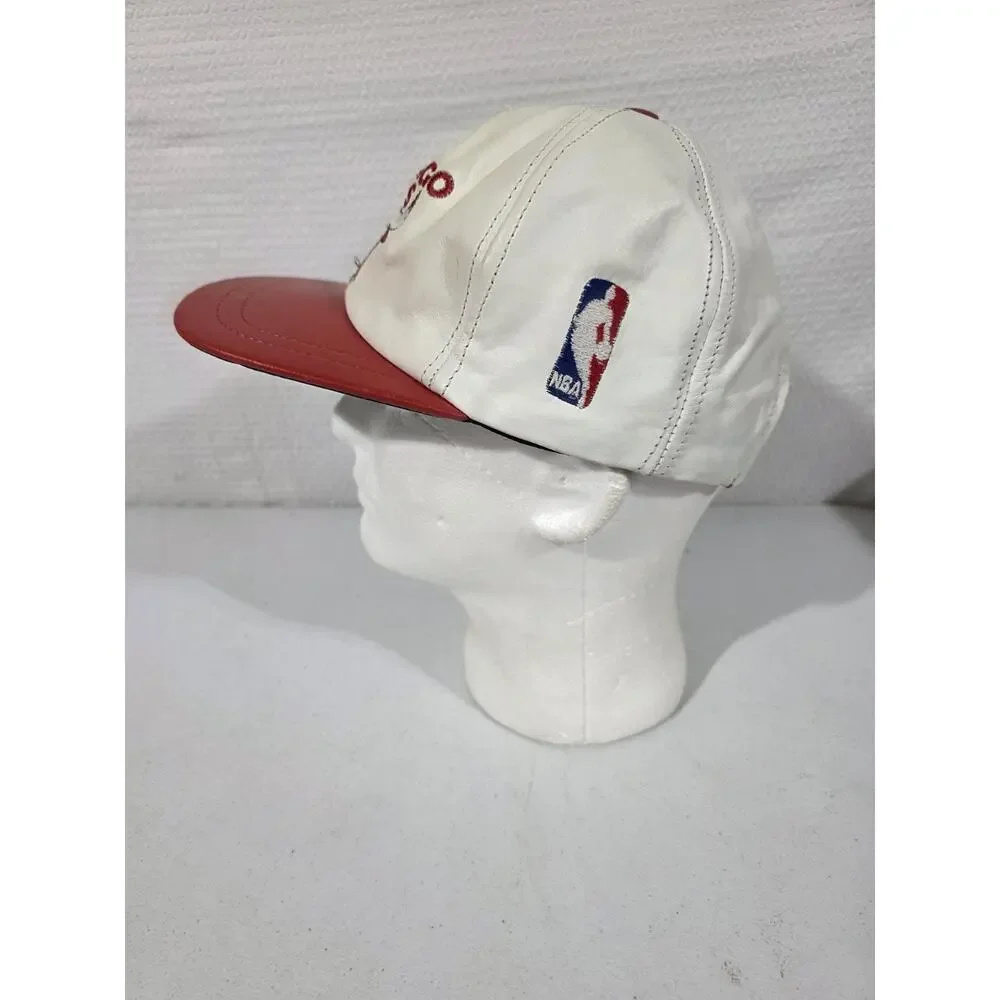 Vtg Chicago Bulls Genuine Leather Snapback Hat NBA Made USA White Red Cap